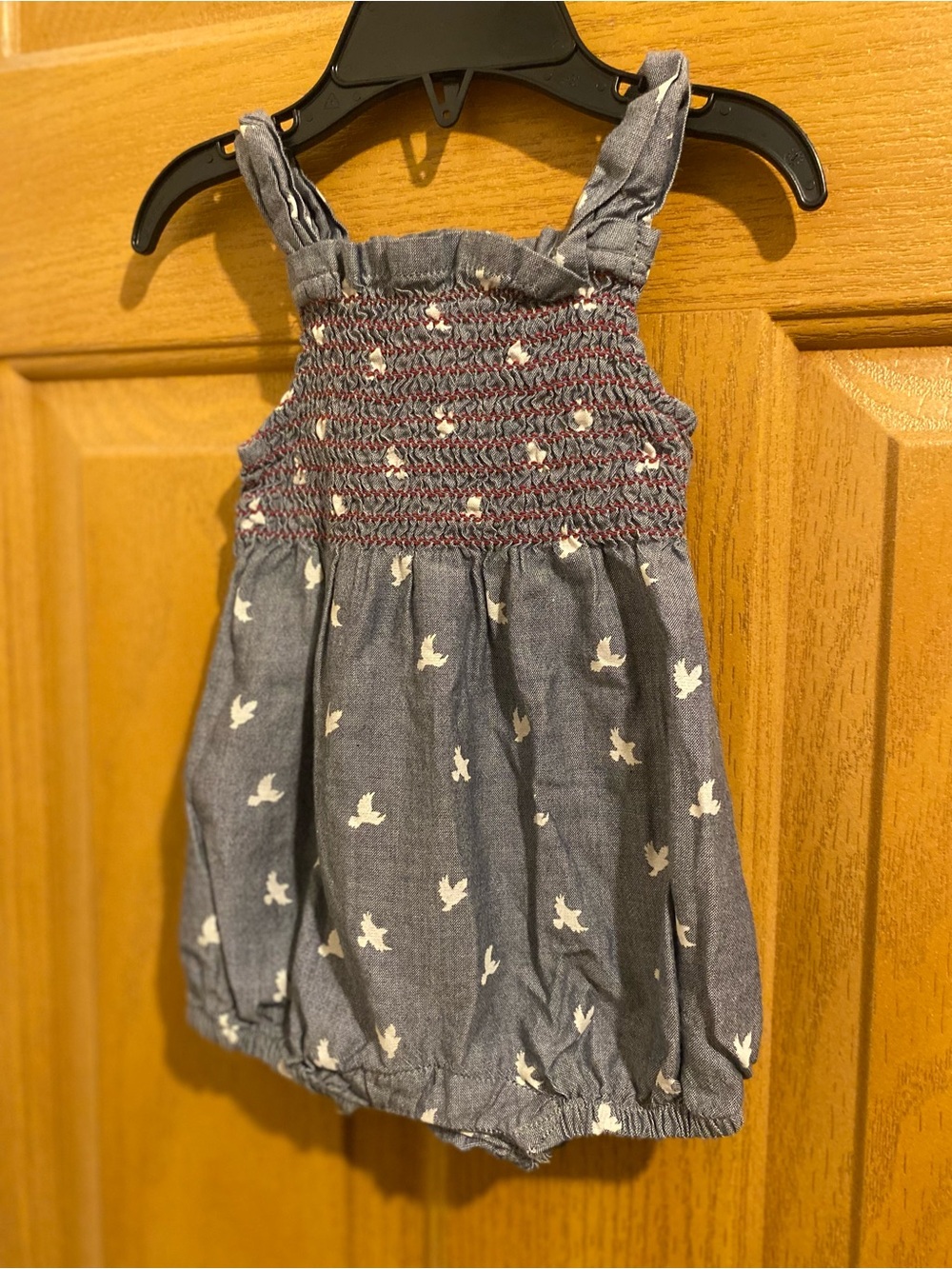 Hatley Chambray Blue Smocked Baby Romper with White Bird Print